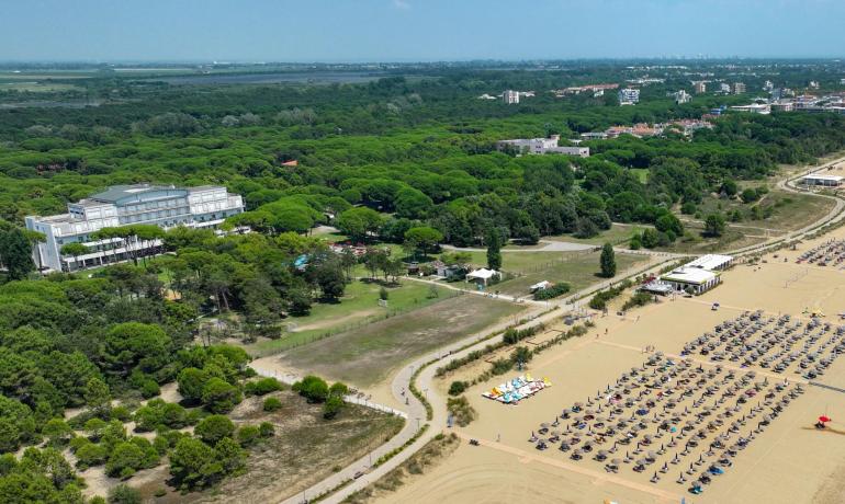 Belebter Strand, bunte Sonnenschirme, üppige Natur, ruhiger Sommertag.