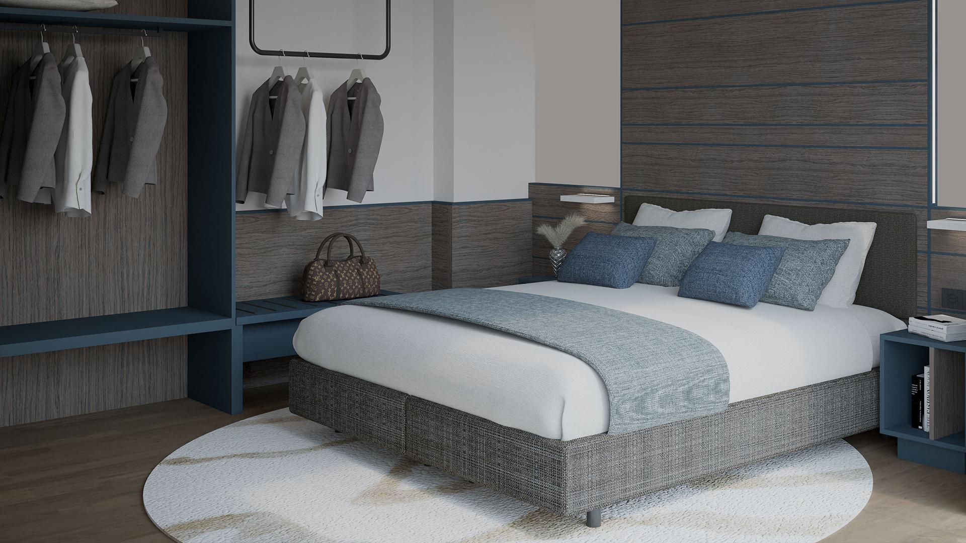 Elegant room with cozy bed and tidy clothes, relaxing atmosphere.