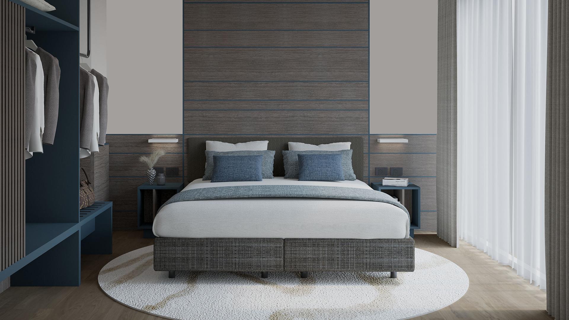 Modern bedroom with cozy bed, relaxing atmosphere, and soft colors.