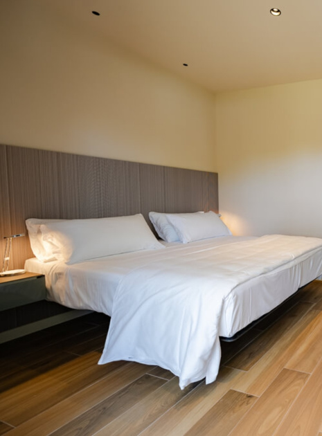 Modern room with double bed and wooden floor.