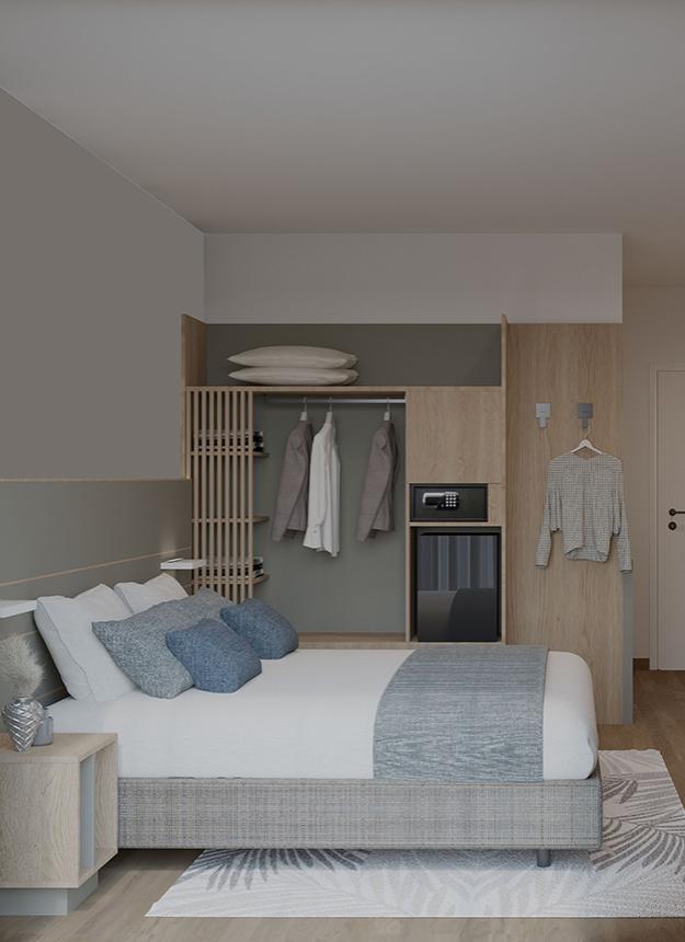 Modern, cozy room with elegant bed and refined furnishings.