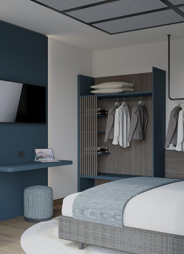 Modern, elegant, and tidy room with blue and gray tones.